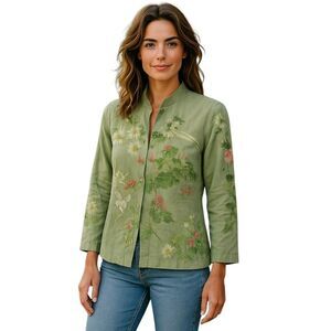 Kiko Blouse Women Size M Green 100% Cotton Embroidered Floral Art New